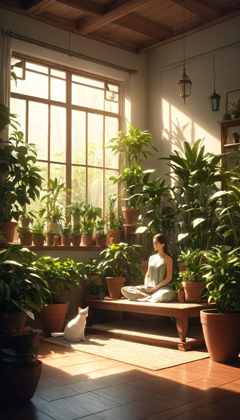 Pessoa ocidental meditando cercada de gatos. The setting is the interior of a beautiful room with many potted plants. cinematic lighting. Pessoa meditando. meditation. ultra HD 