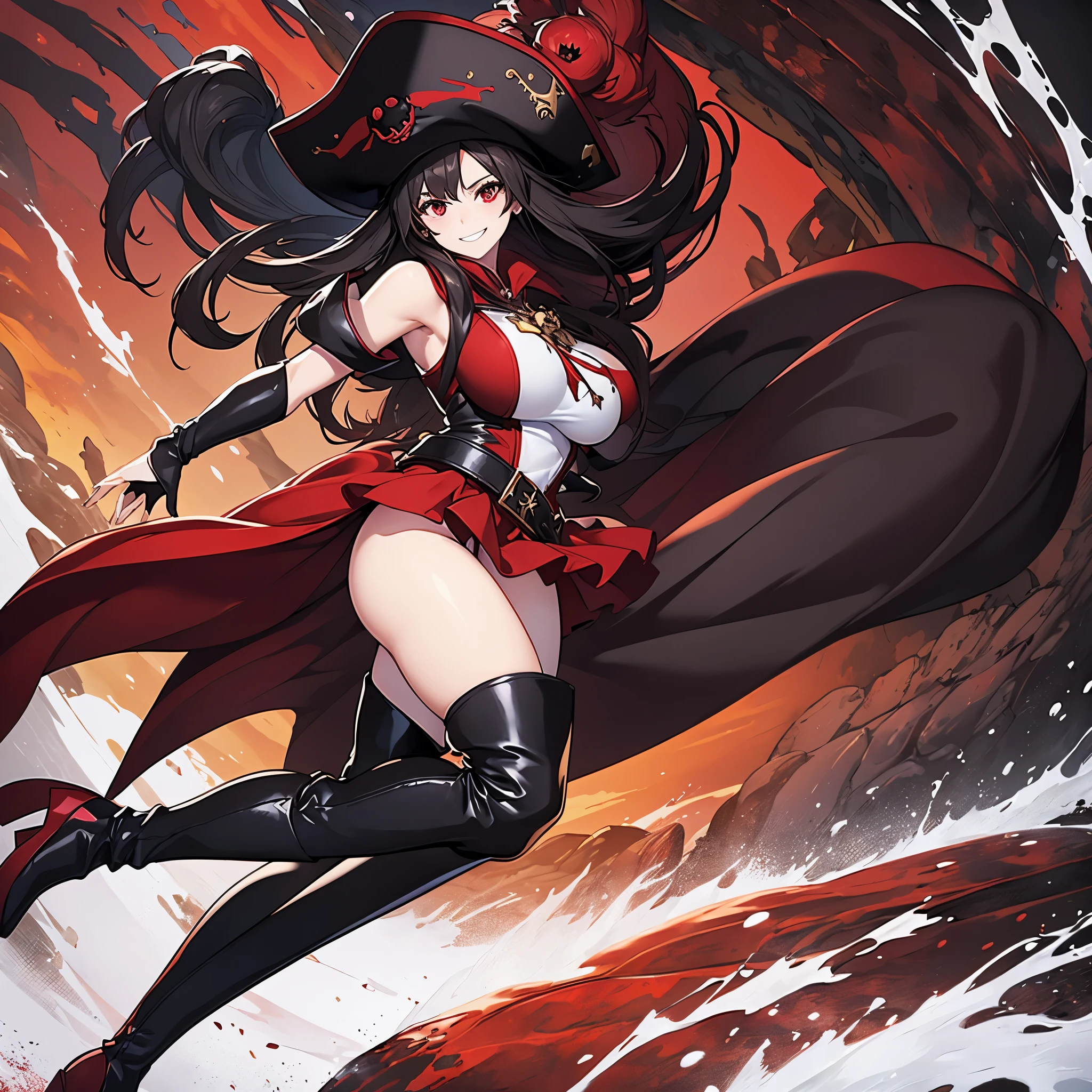 A woman wearing a white sleeveless shirt, red skirt, brown tights, black boots, wearing a black leather cape, black pirate leader hat with red details, medium long black hair, red eyes, smiling, walking on a platform of a naval port, deep sea, full body, sea scene, big breasts, (woman solo)
