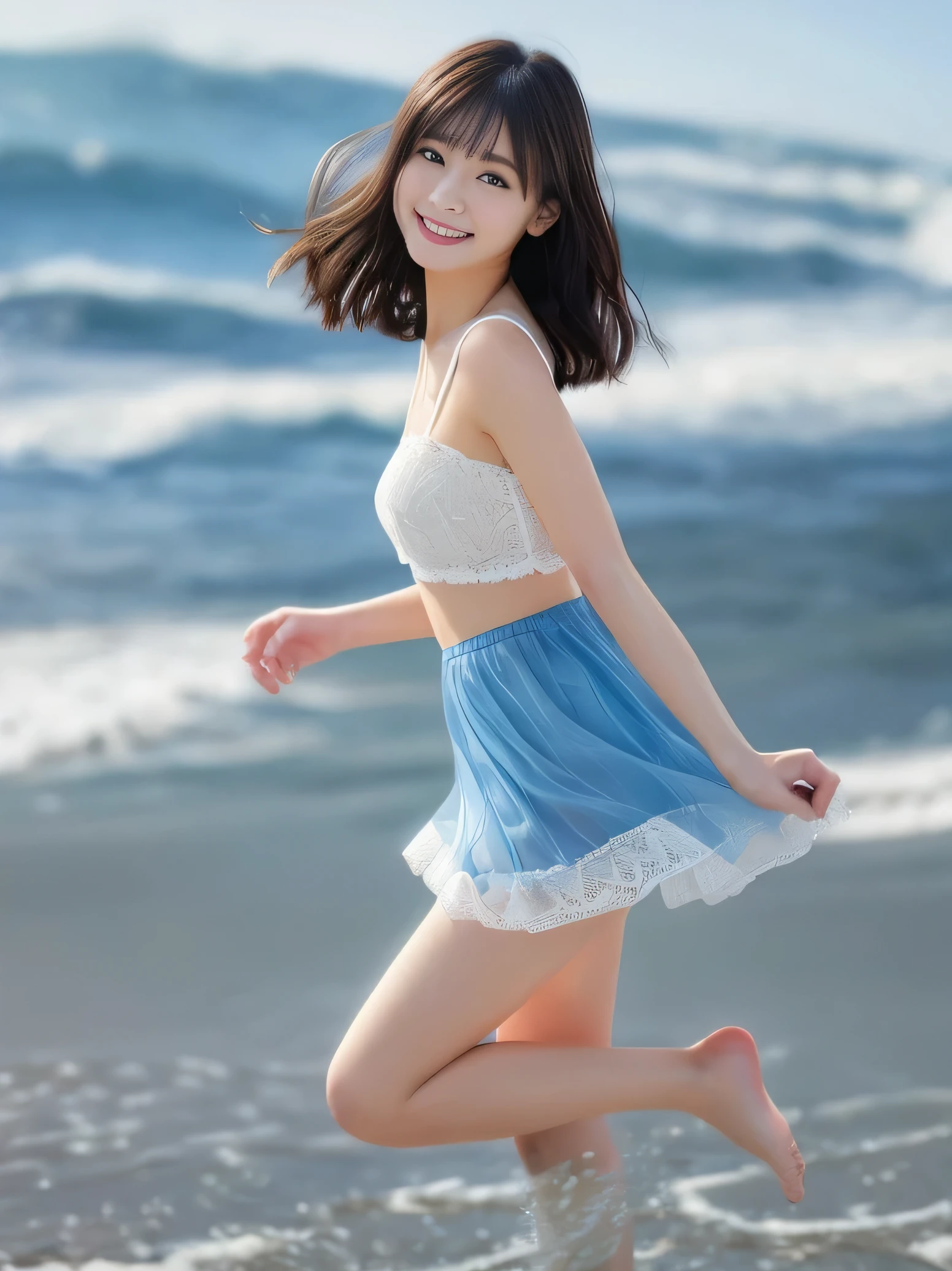 Photo-realistic quality、There is a woman running on the beach, Cute Core, Gorgeous Young Japanese Woman, Slim girl model photo, Beautiful Japanese Women, cute beautiful, Beautiful cute, Beautiful girl idol, Wearing a sheer white lace top、White and light blue checked mini skirt、looking at the camera、Soft and gentle expression、Detailed and beautiful eyes、Cute Smile