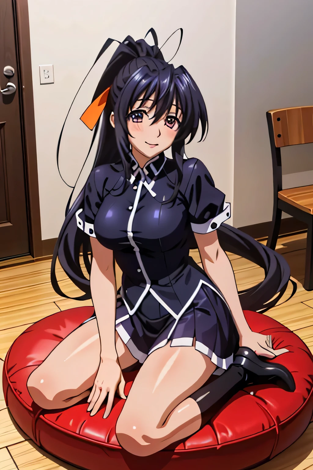Himejima Akeno、long hair、blush、embarrassed face、one person、black cheongsam dress、underquat、spread your legs wide、masturbation、Massage your chest