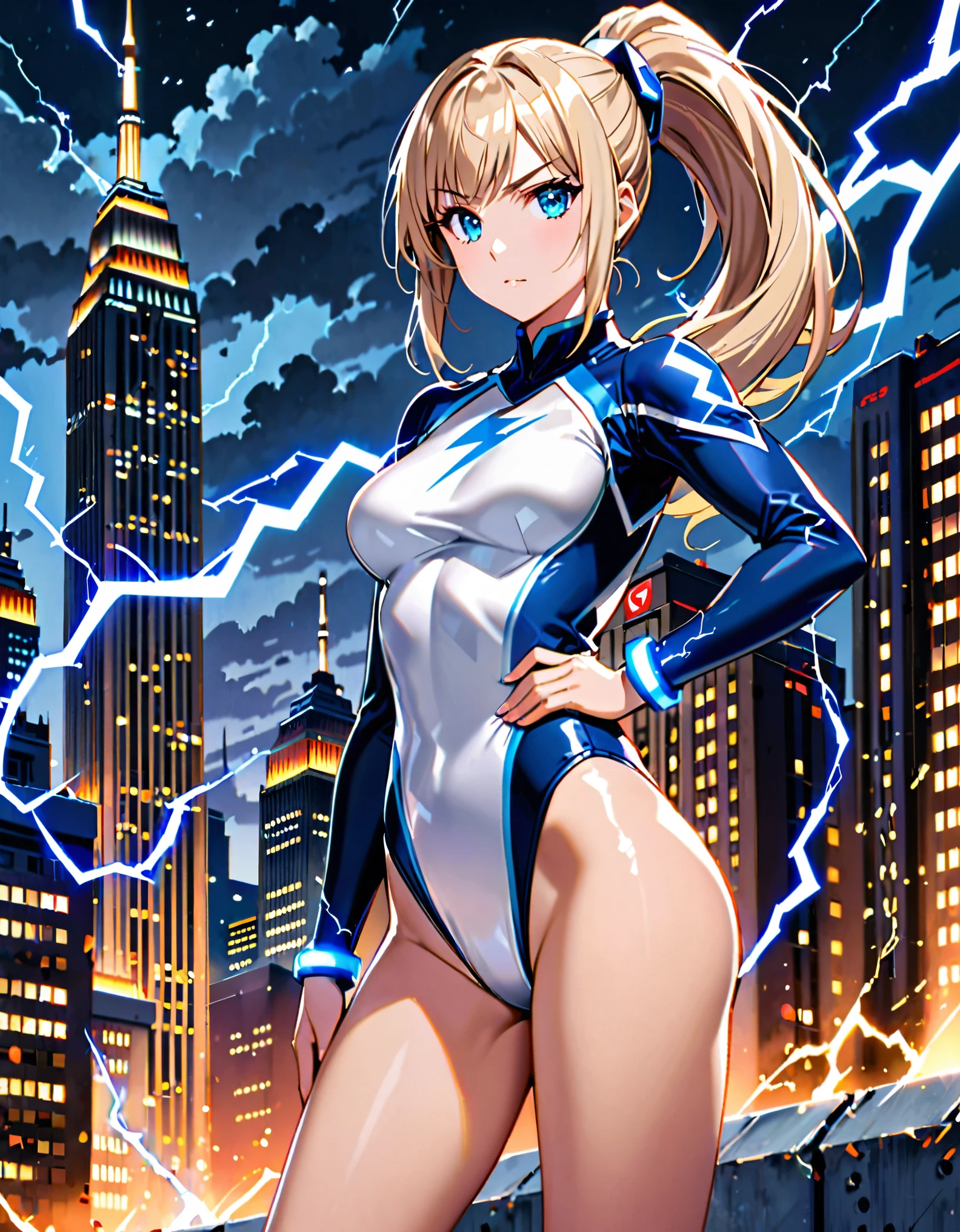 1girl, tall body, light blonde hair, aquamarine eyes, boots, breasts, bracelets, full body, hair ornament, (shoulder-length hair, ponytail, bangs), full body with costume, (leotard, perfect leotard, gymnast outfit leotard, white leotard with blue accents, bare legs), hi-tech shoulder pads, (white boots), medium breasts, perfect hands, complete fingers, perfect anatomy, perfect proportions, solo, solo focus, superhero, ((blue lightning logo on chest)), beautiful detailed eyes, beautiful detailed face, age 18, asuka suit, body infused with electricity, diffraction spikes, heroic, standing straight, hands on hip, cowboy shot, city backdrop