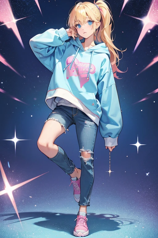 Nikki  wears a light blue hoodie, dark blue knee-length jeans, pink shoes, and has blonde hair that covers part of her right eye.  SPARKLE; GLITTER