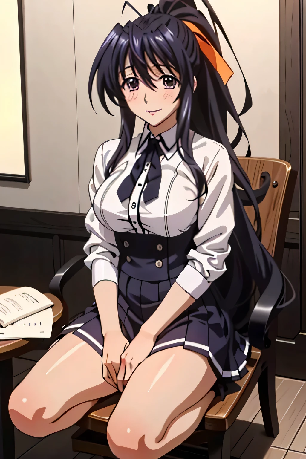 Himejima Akeno、Long Hair、(draw the eyes:1.2)、one person 、smile 、blush 
、(Sit on a chair、Kneeling) 
、Tight Skirt
、(highest quality) 、(Fine skin:1.3)