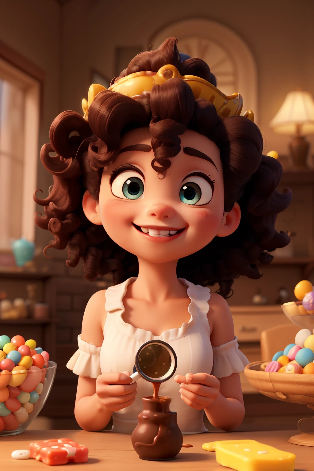 Investigating the Candy Kingdom with a Caramel Magnifying Glass is an adorable , fair skin, with curly hair that cascades over her shoulders. Her eyes are big and bright, the color of milk chocolate, always full of curiosity and vivacity. She's always smiling, with dimples in her cheeks when she does.