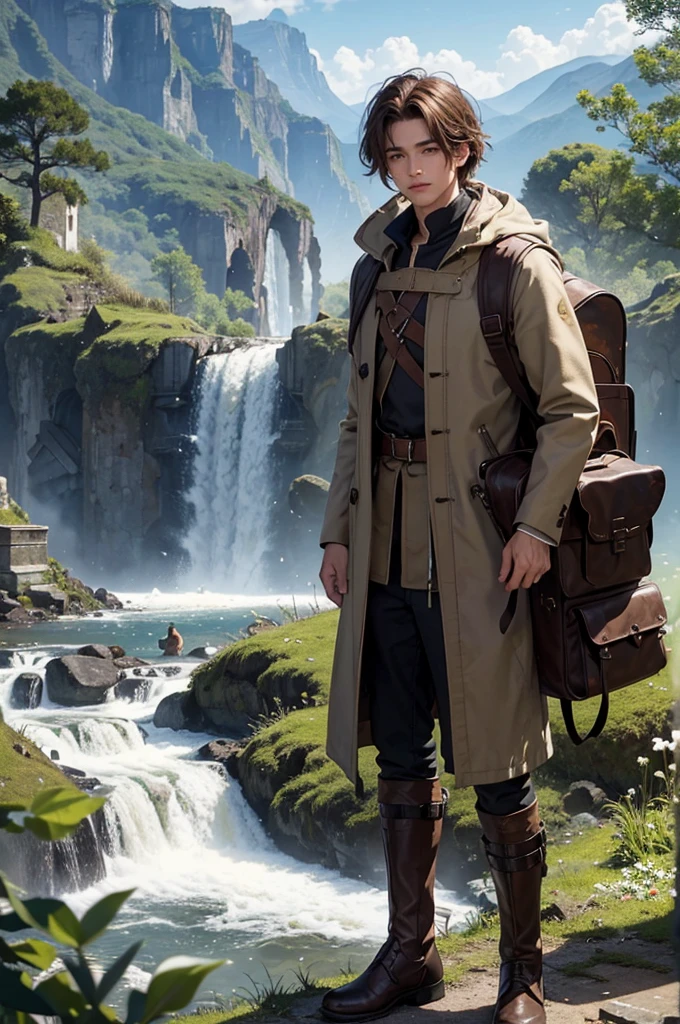 (top quality) Young man, beautiful face, brown hair, brown skin, hazel eyes, short tousled hair, worn medieval garment, long worn coat, ruin, destroyed building, nature reclaiming its rights, greenery, foliage, waterfall, day, sun, ultra-detailed scenery, brown boot, mud, nature, backpack, detailed face, detailed eyes, white flowers, detailed character, bird, deer.