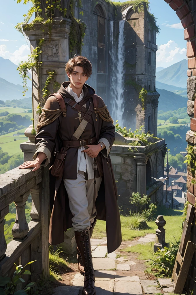 (top quality) Young man, beautiful face, brown hair, brown skin, hazel eyes, short tousled hair, worn medieval garment, long worn coat, ruin, destroyed building, nature reclaiming its rights, greenery, foliage, waterfall, day, sun, ultra-detailed scenery, brown boot, mud, nature, backpack, detailed face, detailed eyes, white flowers, detailed character, bird, deer.