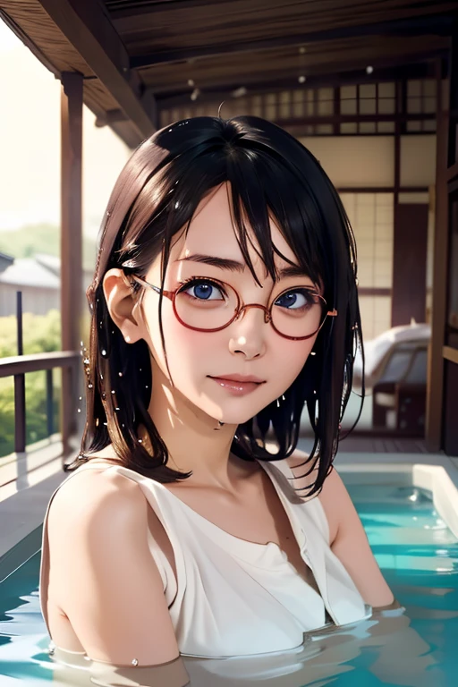 (masterpiece, highest quality), One Girl,  Satou, Satou, Glasses, 赤いフレームのGlasses, A bath towel is wrapped around the body:1.8, Satou, Glasses, 赤いフレームのGlasses, hot spring,head to feet,hot springに入っている,Wet Hair,