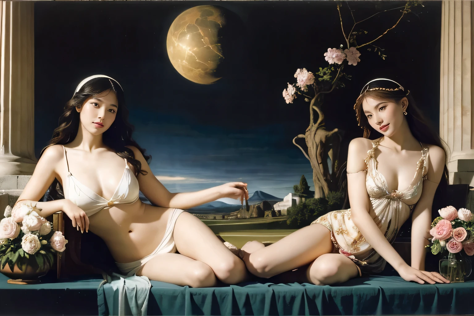 full body portrait or statue、Sandro Botticelli painting style,Arguments of two female Philosophe,math、astronomical machine、astronaut、roses in vase、fruits、Cute trinkets、smile、ancient greek costume、Ancient Roman landscape in the style of Nicolas Poussin,laughter,,Sweet and seductive appearance.、Caravaggio's paintings、Chiaroscuro of Caravaggio、hair tousled by the wind,Two women frolicking,cute smile, expression of ecstasy,Sexy,erotic