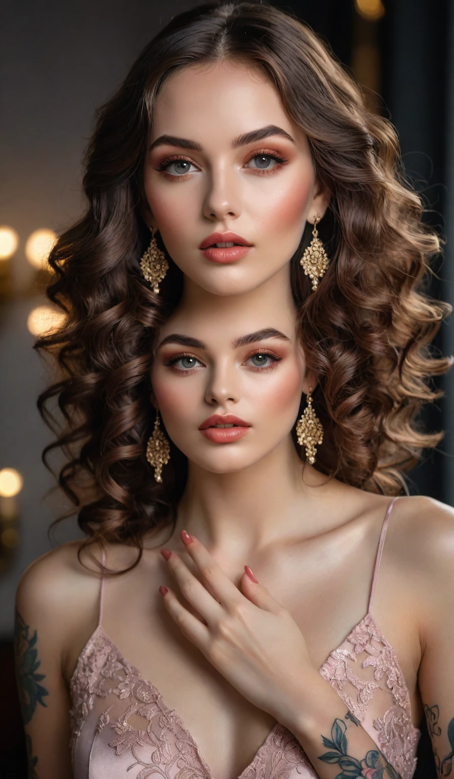 (best quality,4k,8k,highres,masterpiece:1.2),ultra-detailed,realistic,detailed eyes and face,beautiful detailed lips,longeyelashes,(curly,flowing,brown:1.1)hair,golden earrings and necklace,tattoos on arms and legs,confident and poised expression,(rosy,porcelain,fair:1.1)skin,slender fingers,flawless skin texture,(smoky,soft:0.9)makeup,perfectly manicured nails,(fashionable,trendy:1.1)outfit,expensive silk dress, (vibrant,eye-catching:1.1)color palette,polished nails,soft lighting,subtle shadows,vivid colors,dynamic composition