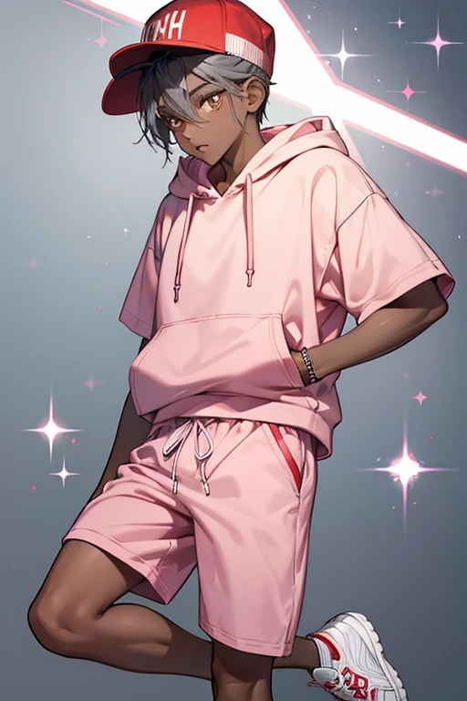 dark-skinned who wears a checked backwards cap, a light pink shirt under a red hoodie, gray shorts, and white high tops with blue laces. SPARKLE; GLITTER