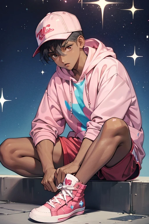 dark-skinned who wears a checked backwards cap, a light pink shirt under a red hoodie, gray shorts, and white high tops with blue laces. SPARKLE; GLITTER