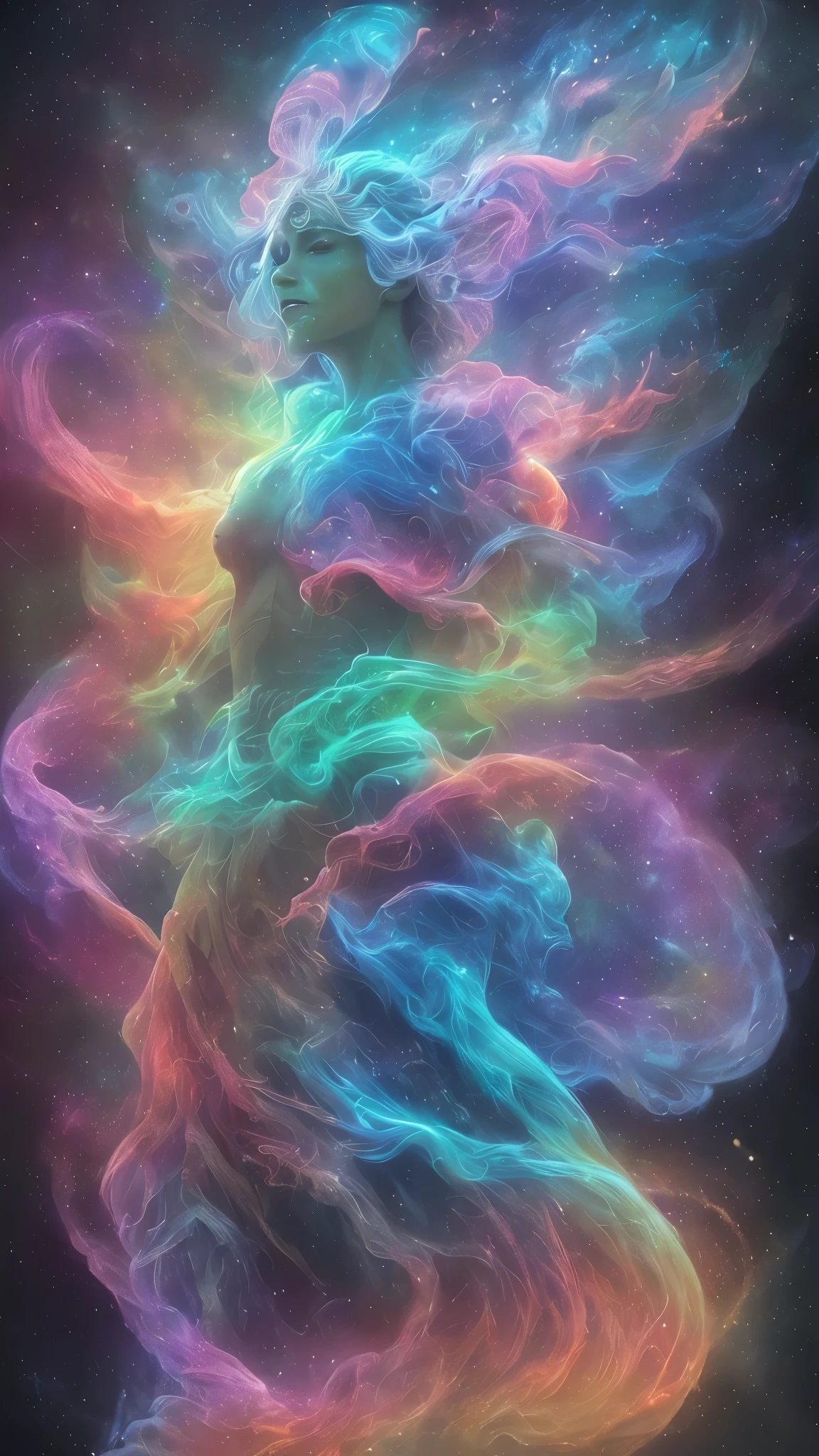 inconceivable and spectacular a scene of emergence of a figure from the glowing cloud, fractal nebula threads, cosmic entities, celestial, cosmic, vibrant and vivid, swirls, twirling, unrealistic, high contrast, symobolism, magical, mystical, mystifying, hyperrealistic, oversaturate, colorfully