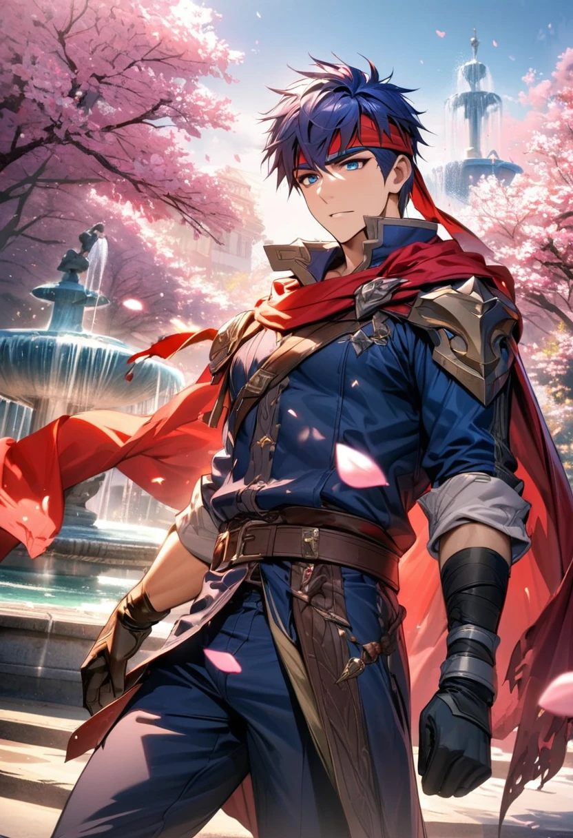 absurdres, highres, ultra detailed, HDR, master piece, best quality, Ike, dark blue hair, expressive blue eyes, Fire Emblem, solo, sexy man, handsome, red headband, red cape, dark blue clothes, black gloves, pink flowers, pink petals, pink trees, blossoms, park, fountain 