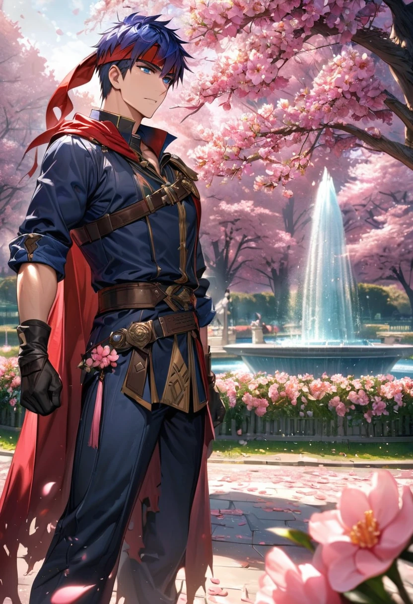 absurdres, highres, ultra detailed, HDR, master piece, best quality, Ike, dark blue hair, expressive blue eyes, Fire Emblem, solo, sexy man, handsome, red headband, red cape, dark blue clothes, black gloves, pink flowers, pink petals, pink trees, blossoms, park, fountain 