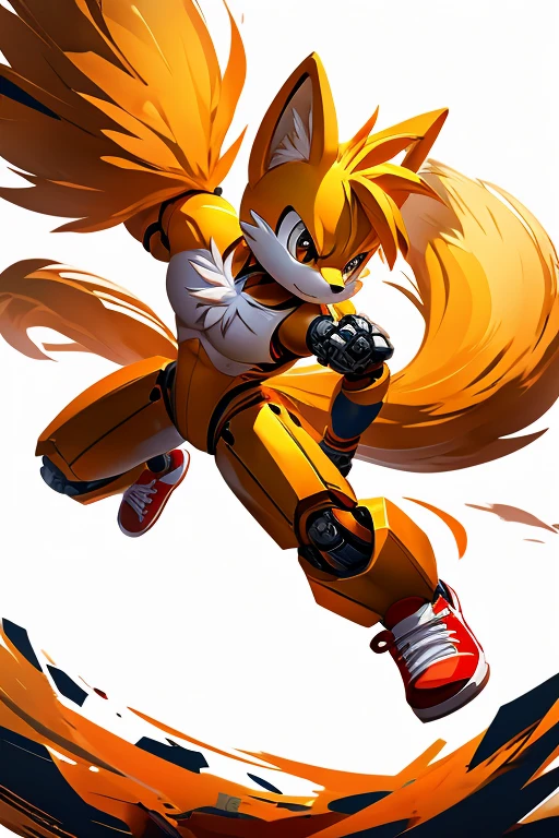 robotic version of miles tails prower, flying with his tails, two tails, battle pose, serious face, full body view, solo, attack pose, white background, digital art, wearing deportive red shoes, different views.