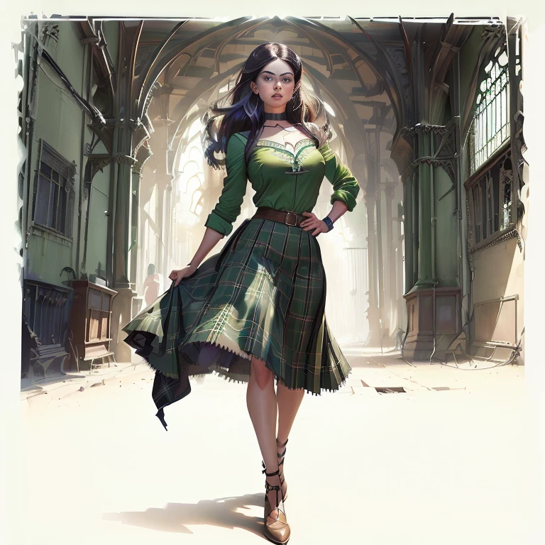 Close-up of a woman in a skirt and green shirt, ( ( Berkeley Shaw ) ), rafael albuquerque comic art, By Ignatius Zuloaga, By Alex Rossスタイル, Female Doc Savage, Inspired by Bill Sienkiewicz, Gwen Stacy, By Alex Rossのスタイル, Adam Hughes, By Alex Ross, by Glenn Fabry, Chris Moore. ArtJam