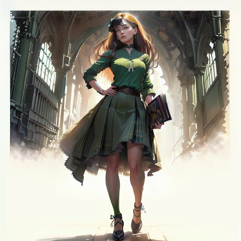 Close-up of a woman in a skirt and green shirt, ( ( Berkeley Shaw ) ), rafael albuquerque comic art, By Ignatius Zuloaga, By Alex Rossスタイル, Female Doc Savage, Inspired by Bill Sienkiewicz, Gwen Stacy, By Alex Rossのスタイル, Adam Hughes, By Alex Ross, by Glenn Fabry, Chris Moore. ArtJam