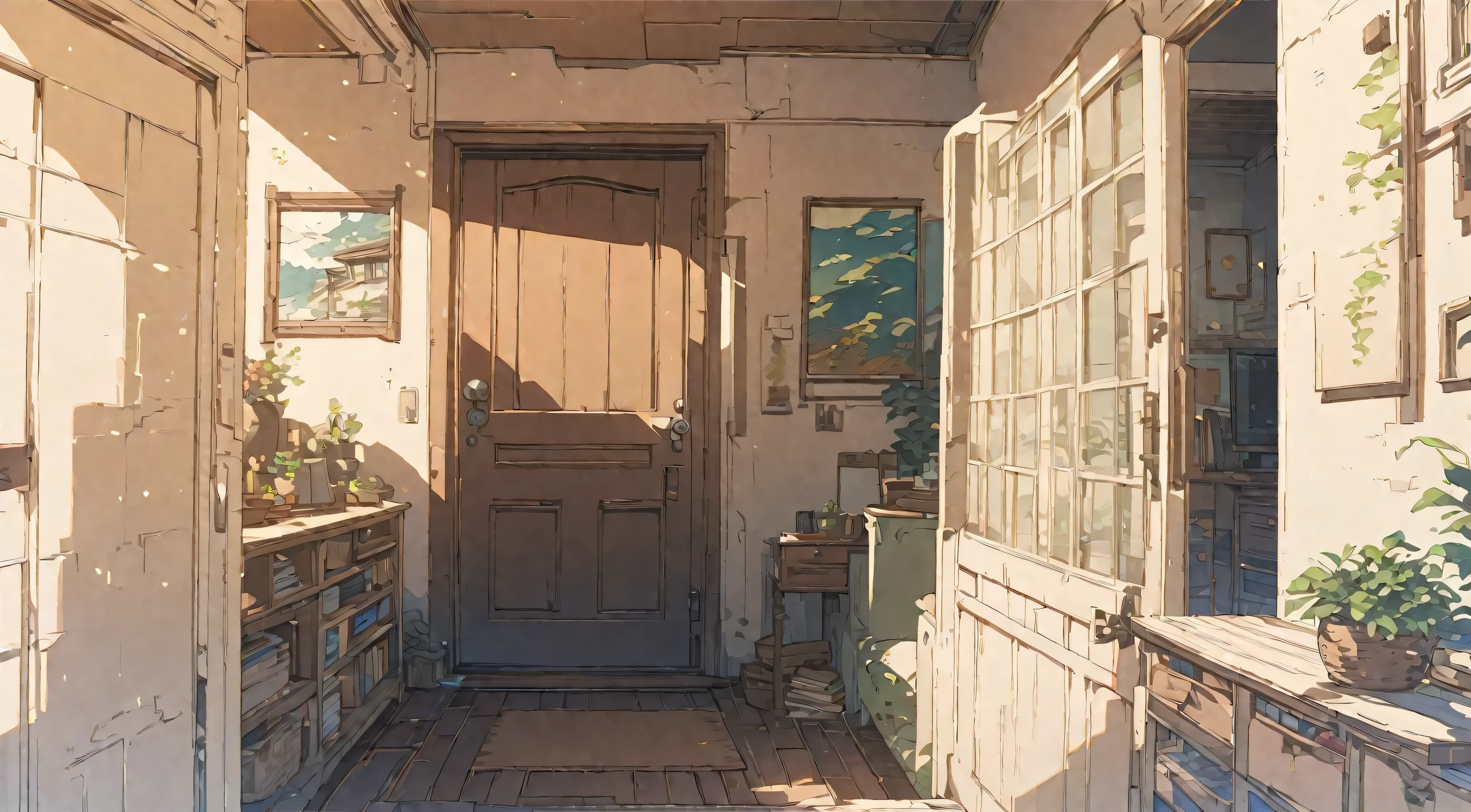 hallway, minimalistic art style, cozy interior, white walls, entrance, one door, small apartment, masterpiece, makoto shinkai art style, miyazaki art style, storybook style, highly detailed, masterpiece