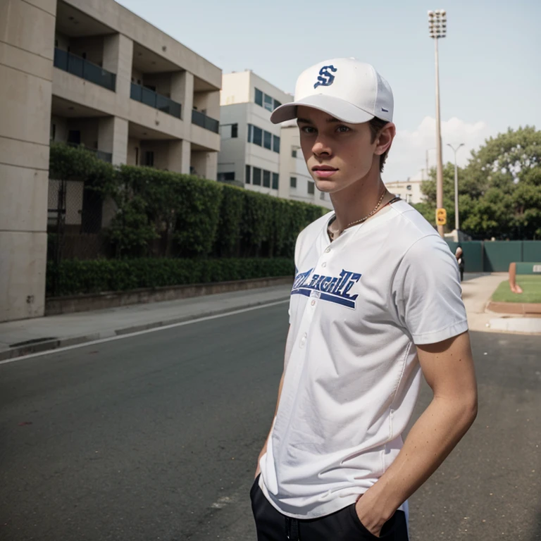 Skinny white boy, street clothes, bad posture, baseball cap, skinny, looking at camera