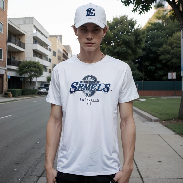 Skinny white boy, street clothes, bad posture, baseball cap, skinny, looking at camera