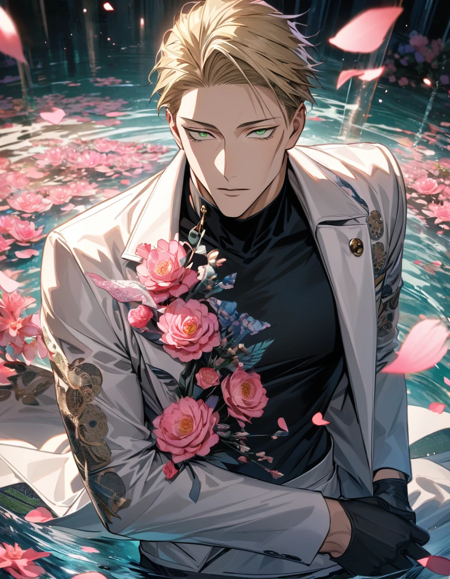 Ultra detailed, Highres, absurdres, HDR, Nanami Kento, blond hair, expressive green eyes, white long coat with patterns, Jujutsu Kaisen, pink flowers, petals, handsome, sexy man, solo, very detailed eyes and face, black gloves, water, pink butterflies, black tight t-shirt, master piece,