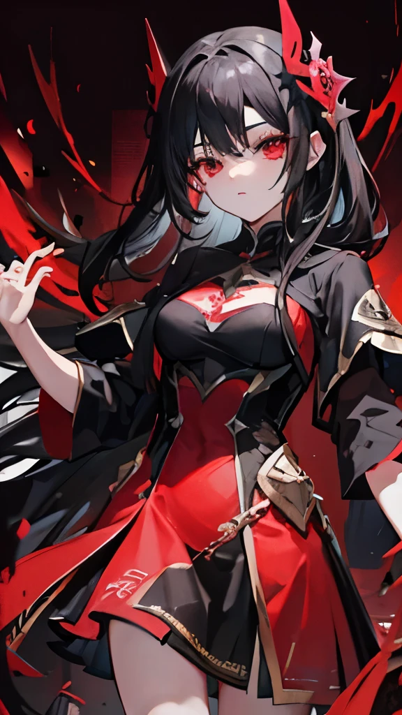 Black hair, carmesin eyes, red EYEs, dress,, 16 Yo