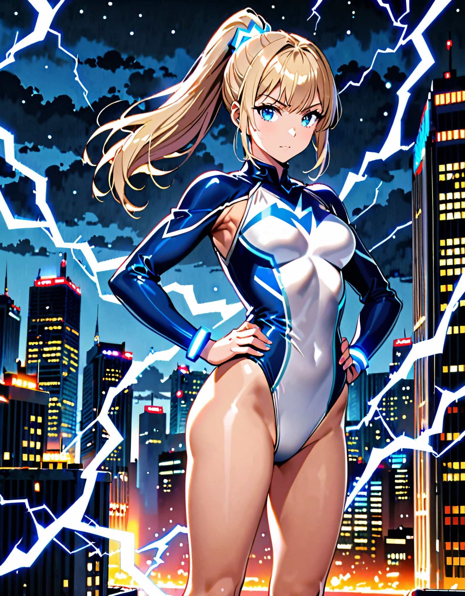 1girl, tall body, light blonde hair, aquamarine eyes, boots, breasts, bracelets, full body, hair ornament, (shoulder-length hair, ponytail, bangs), full body with costume, (leotard, perfect leotard, gymnast outfit leotard, white leotard with blue accents, bare legs), hi-tech shoulder pads, (white boots), medium breasts, perfect hands, complete fingers, perfect anatomy, perfect proportions, solo, solo focus, superhero, ((blue lightning logo on chest)), beautiful detailed eyes, beautiful detailed face, age 18, asuka suit, body infused with electricity, diffraction spikes, heroic, standing straight, hands on hip, cowboy shot, city backdrop