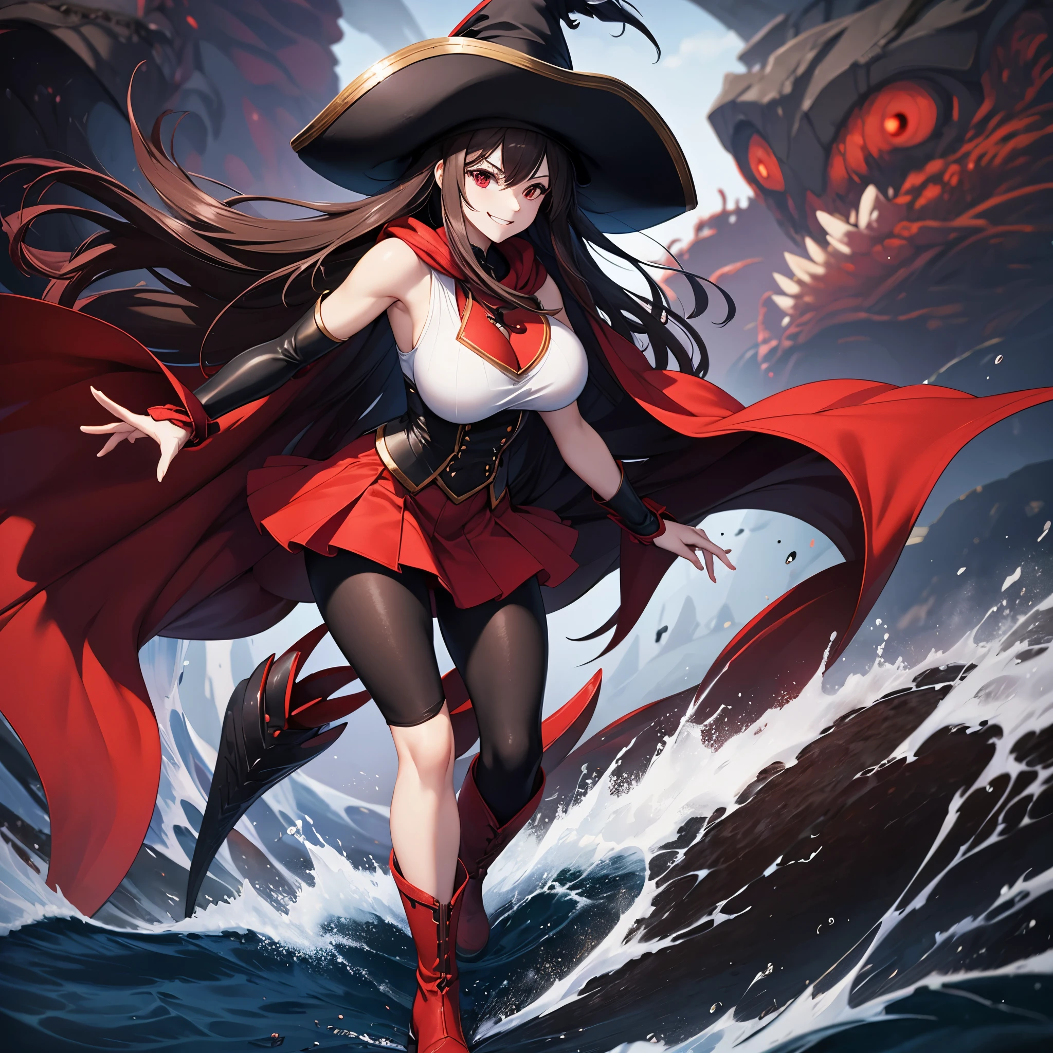 A woman wearing a white sleeveless shirt, red skirt, brown tights, black boots, wearing a black leather cape, black pirate leader hat with red details, medium long black hair, red eyes, smiling, walking on a platform of a naval port, deep sea, full body, sea scene, big breasts, (woman solo), bloom, 8k, super detail, ccurate, best quality, UHD, anatomically correct, textured skin, high quality, highres, best quality
