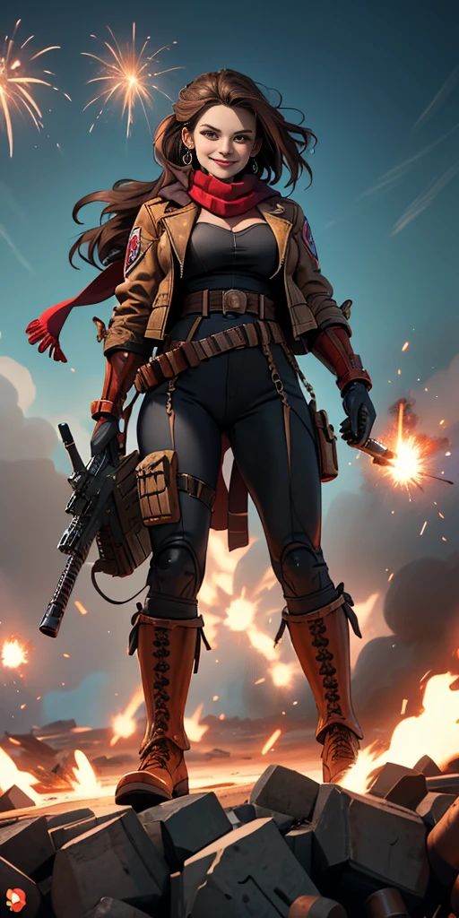 (masterpiece, best quality, 4k, 1girlsolo, 1MILF, mmplatz, smile, red cheeks, plain background:1.2), perfect face, perfect lighting, mature whsororitas with gloves red gauntlets in her hands like Cammy White from Street Fighter, bob white hair, warhammer 40k power armor suit, red eyes like rubies, full body armor, view from below, looking to the viewer, holding with bith hands a heavy machine gun 🔫 shooting bullets to the viewer,Wearing a brown jacket and black scarf with an ammunition belt and Gatling gun on a battlefield with explosions and sparks1Muscular big breasts military goddess、detailed fantasy art、fantasy art style、Break wearing a brown jacket and black scarf with ammo belt and Gatling gun on a battlefield with beautiful ancient explosions and sparks1Muscular Colossal Soldier Witch、Wearing a brown jacket and black scarf with an ammunition belt and Gatling gun on a battlefield with explosions and sparks1Man Muscular Big Military Colossal Queen、Fantasy Art Behans、Wearing a brown jacket and black scarf with an ammunition belt and Gatling gun on a battlefield with beautiful explosions and sparks1Muscular Big Military Magician、Wearing a brown jacket and black scarf with an ammunition belt and Gatling gun on a battlefield with beautiful explosions and sparks1Muscular Big Military Magician、Wore a brown jacket and black scarf with ammunition belts and Gatling guns on a battlefield with shiny floating explosions