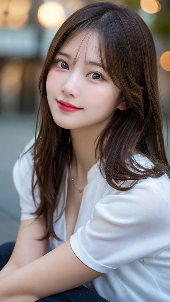 highest quality, shape, Very detailed, finely, High resolution, 8k wallpaper, Perfect dynamic shape, Beautiful and detailed, Summer clothes,Medium Hair,Natural color lip,smile,20-year-old girl、Midnight、Beautiful and elaborate face、Perfect and beautiful face、Slim face and figure,spread your arms wide,Big eyes,Take a photo with your face raised from below your knees、Small face、Beautifully detailed face、Perfect and beautiful double eyelids、Big cleavage、Long, slender legs、One Woman、gravure、Watching the audience、shirt
