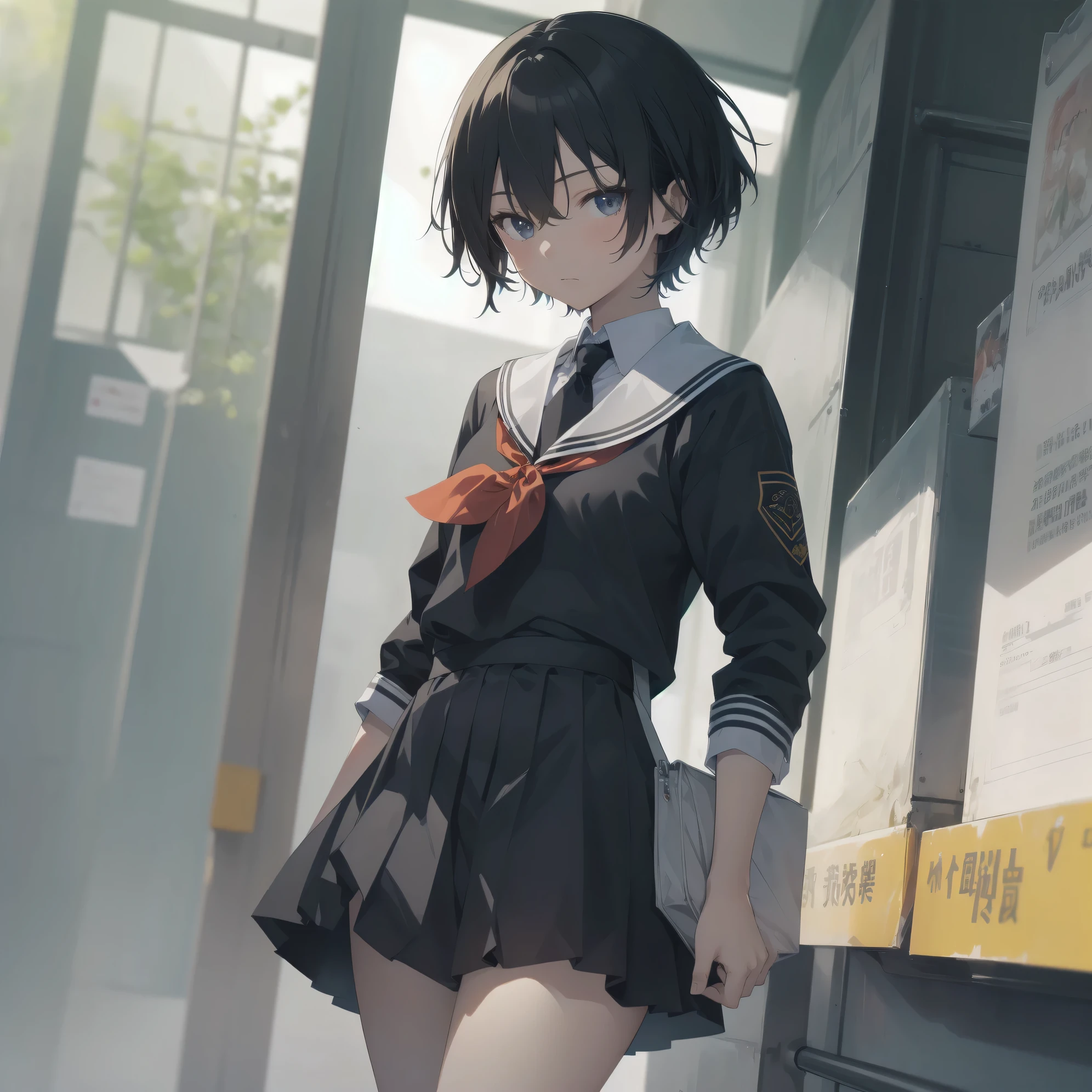 ultra-absurdres-Top quality by artist God, ultra-detailed, high resolution, anime moe artstyle, best anime 8k konachan wallpaper, pixiv contest winner, pool:2810, perfect anatomy,break, 1girl, (Please draw a girl walking sleepily to school alone. )break,(Solo,little female, 13-year-old:1.3),Full limbs, complete fingers,a junior high school student, (very short hair), short cut, flat chest, , small butt, small black eyes, beautiful detailed eyes, well-proportioned iris and pupils, expressive eyes, highres detailed hair, soft expression, salor school_uniform, sailor collar, serahuku, bow, pleated skirt,(Detailed Lighting), (Detailed background), in the School commute route. break,super detailed skin, Best cinematic lighting powered by famous artist, 8k,beauty illustration,photoshop_(medium),very aesthetic,break,((artist:carnelian )), artist:akinashi yuu ,artist:oyari ashito ,artist:kantoku ,