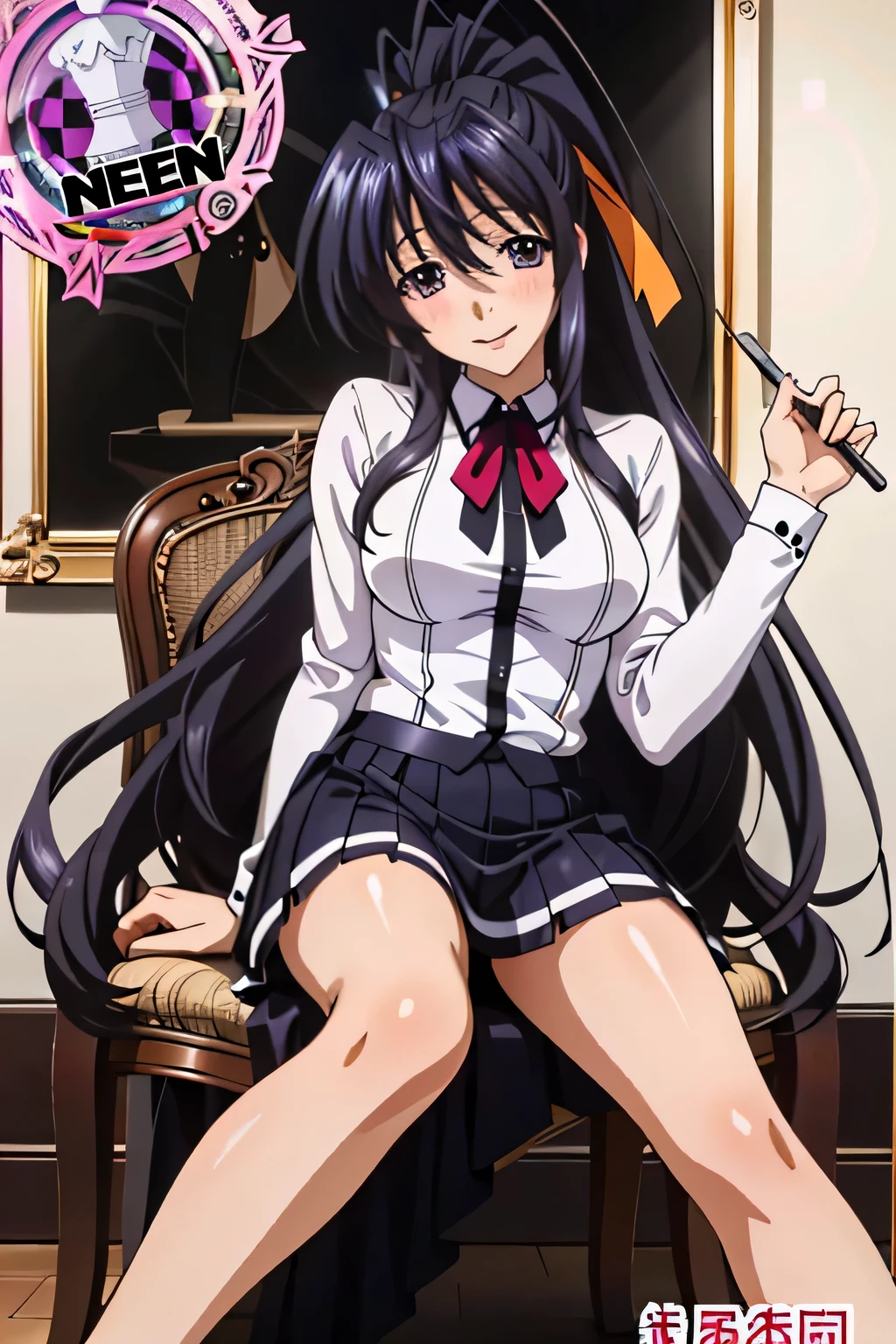 Himejima Akeno、Long Hair、(draw the eyes:1.2)、one person 、smile 、blush 
、(Sit on a chair、Stand on your right foot) 
、Tight Skirt
、(highest quality) 、(Fine skin:1.3)