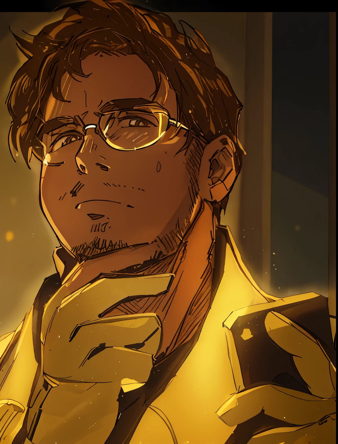 Masterpiece, Best Quality, Ultra-Detailed, 1boy, hunk_voltron, street bakground, looking at you, daylight, brown shirt, glasses, golden earring, light beard 