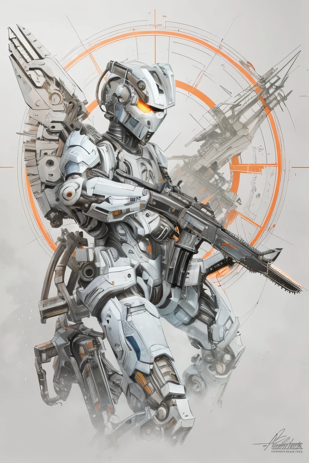 wearing a mechanical suit, Mechanical wonder, Cyberpunk, Cybernetic Guardian, futuristic armor, full body, front pose, symmetry, intricate (steel metal [rust]), joints, warframe style, cyborg, male body and armor, Chainsaw Man  