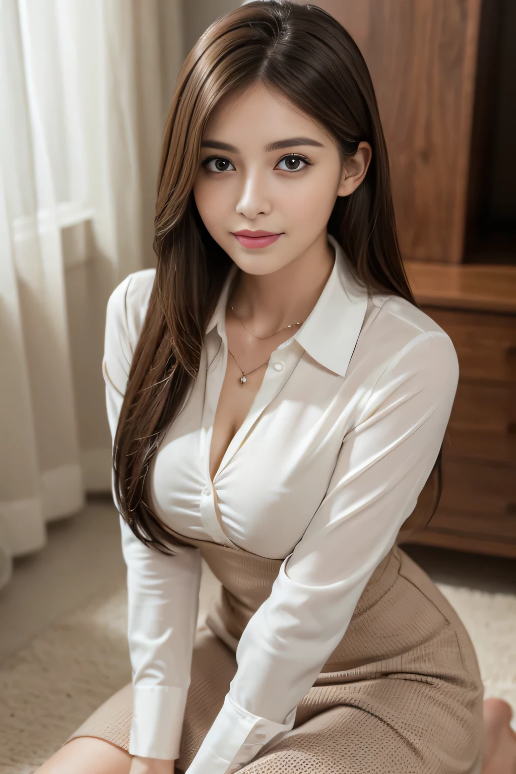 (RAW Photos), (Realistic), (masterpiece), (highest quality), High resolution, 8k, (Intricate details), (Volumetric Light), Portraiture, woman, Age 25, Medium Hair, Straight hair, Layered Hair, Brown Hair, Very beautiful eyes, Source order, Very thin eyebrows, Very fine skin, Very beautiful mouth, Very nice nose, Cute like an idol, Cleavage、smile, (Thick lips), (Looking at the audience), (Collared dress shirt), Above the knee shot,Slim figure、