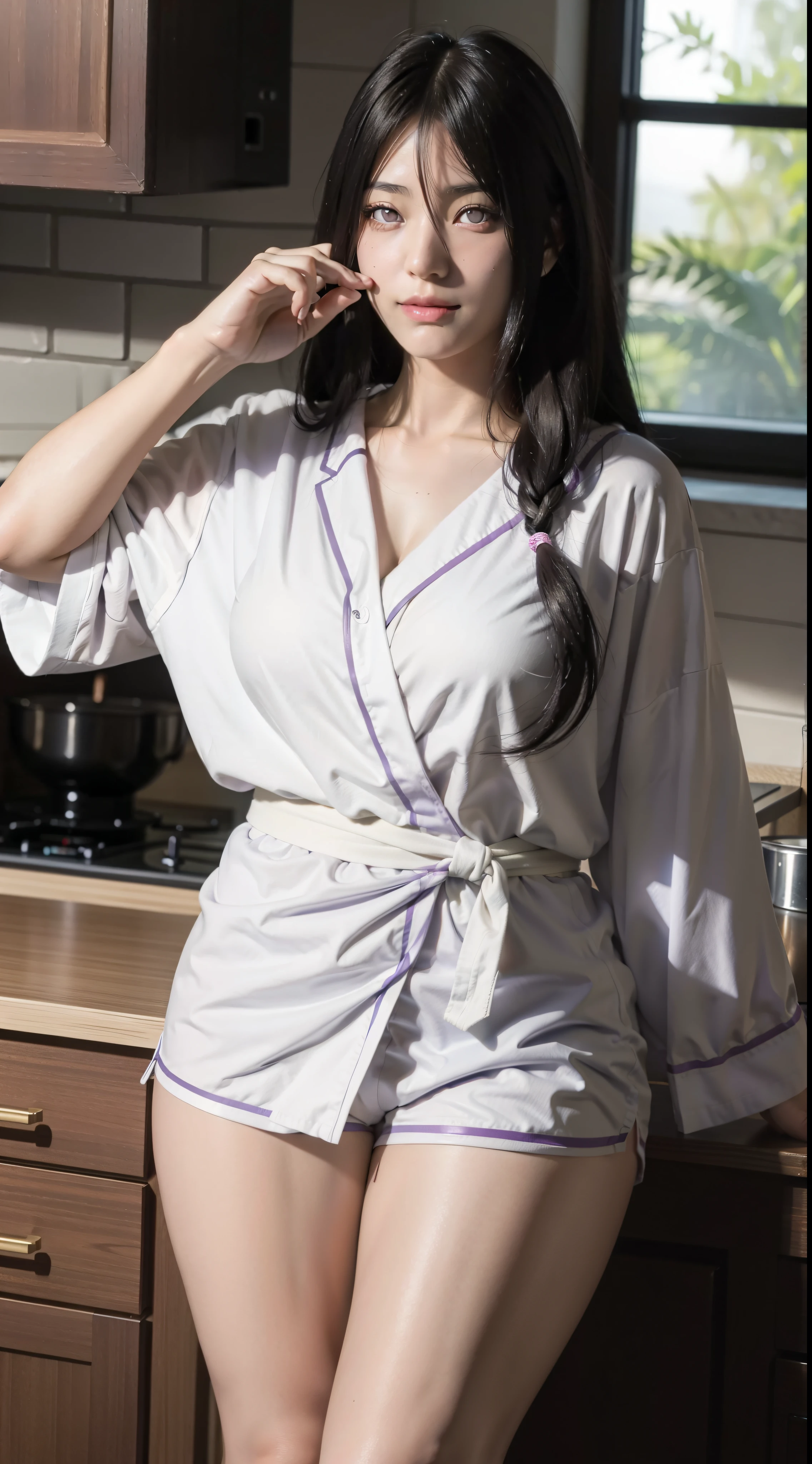 hyuuga hanabi, long hair tied low, hair band, hana purple eyes, beautiful, beautiful woman, perfect body, (((thick thighs))), perfect breasts, wearing white pajamas, pajamas, sleepwear, in the kitchen, clear kitchen, looking at the audience, a slight smile, realism, masterpiece , textured leather, super detail, high detail, high quality, best quality, 1080p, 16k