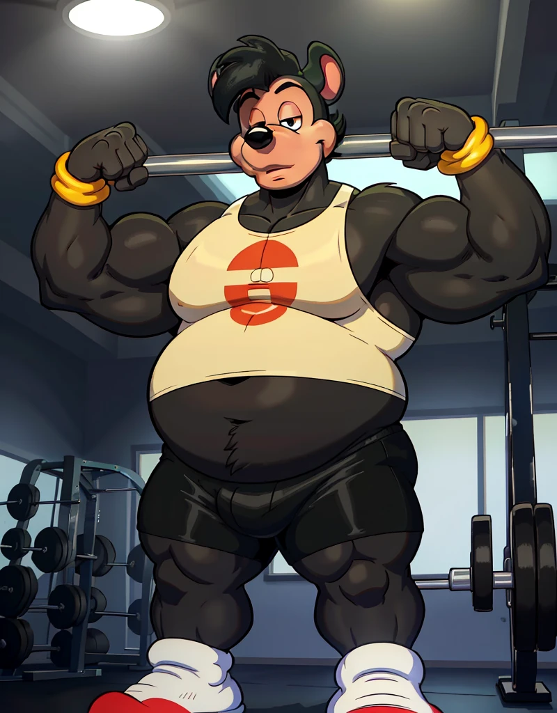 (((detailed eyes, detailed face))), (furry, pj_(goof_troop) obese, male, cat, black fur body, black body) wearing a short gymshorts (front faceing), (good lighting), (at a gym) (flexing)