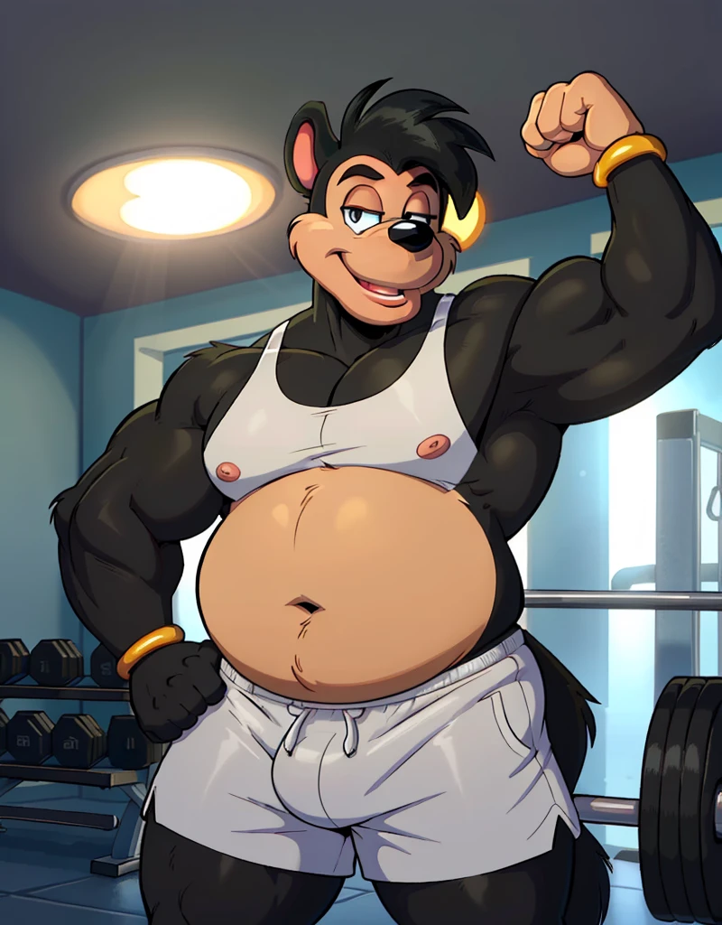 (((detailed eyes, detailed face))), (furry, pj_(goof_troop) obese, male, cat, black fur body, black body) wearing a short gymshorts (front faceing), (good lighting), (at a gym) (flexing)