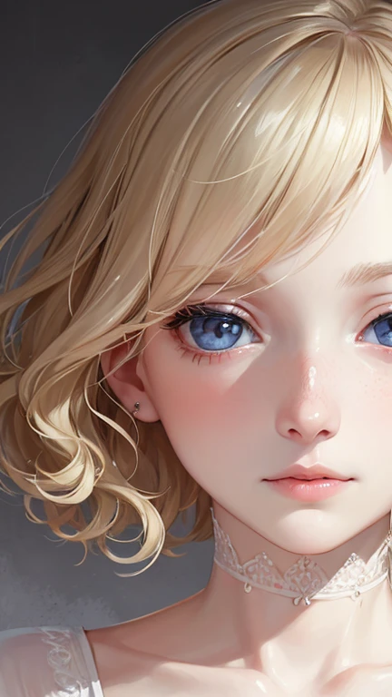 highest quality, Pale skin, (Face and eye details: 1.2), 1 girl, Very delicate and beautiful girl, Light Blonde, Wavy short hair, blue eyes, Wrinkled Nose, (A bit childish in appearance), ((so beautiful)), ( freckles: 0.7), curl, SF, suffering, pain, despair, die, time.