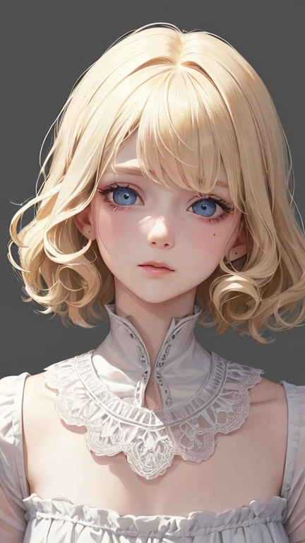highest quality, Pale skin, (Face and eye details: 1.2), 1 girl, Very delicate and beautiful girl, Light Blonde, Wavy short hair, blue eyes, Wrinkled Nose, (A bit childish in appearance), ((so beautiful)), ( freckles: 0.7), curl, SF, suffering, pain, despair, die, time.
