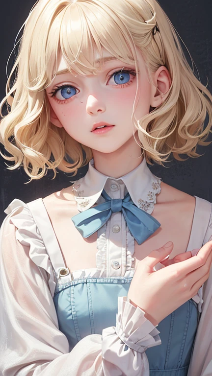 highest quality, Pale skin, (Face and eye details: 1.2), 1 girl, Very delicate and beautiful girl, Light Blonde, Wavy short hair, blue eyes, Wrinkled Nose, (A bit childish in appearance), ((so beautiful)), ( freckles: 0.7), curl, SF, suffering, pain, despair, die, time.