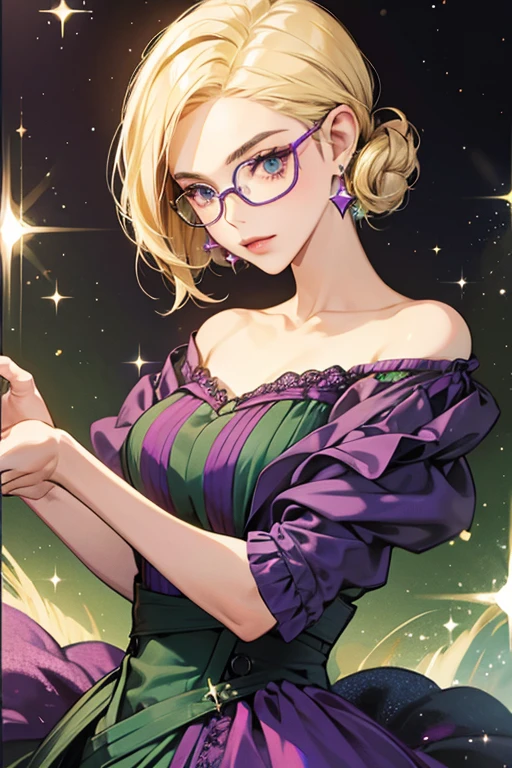 Miriam with short blonde hair, square glasses, purple earrings, and a dress. Miriam's dress was green, SPARKLE; GLITTER