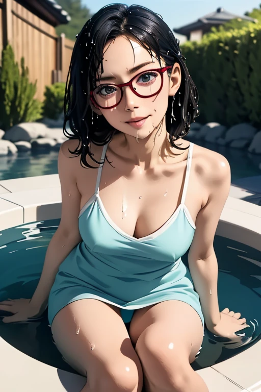 (masterpiece, highest quality), One Girl, Satou, Satou, Glasses, 赤いフレームのGlasses, A bath towel is wrapped around the body:1.8, Satou, Glasses, 赤いフレームのGlasses, hot spring,head to feet,hot springに入っている,Wet Hair,