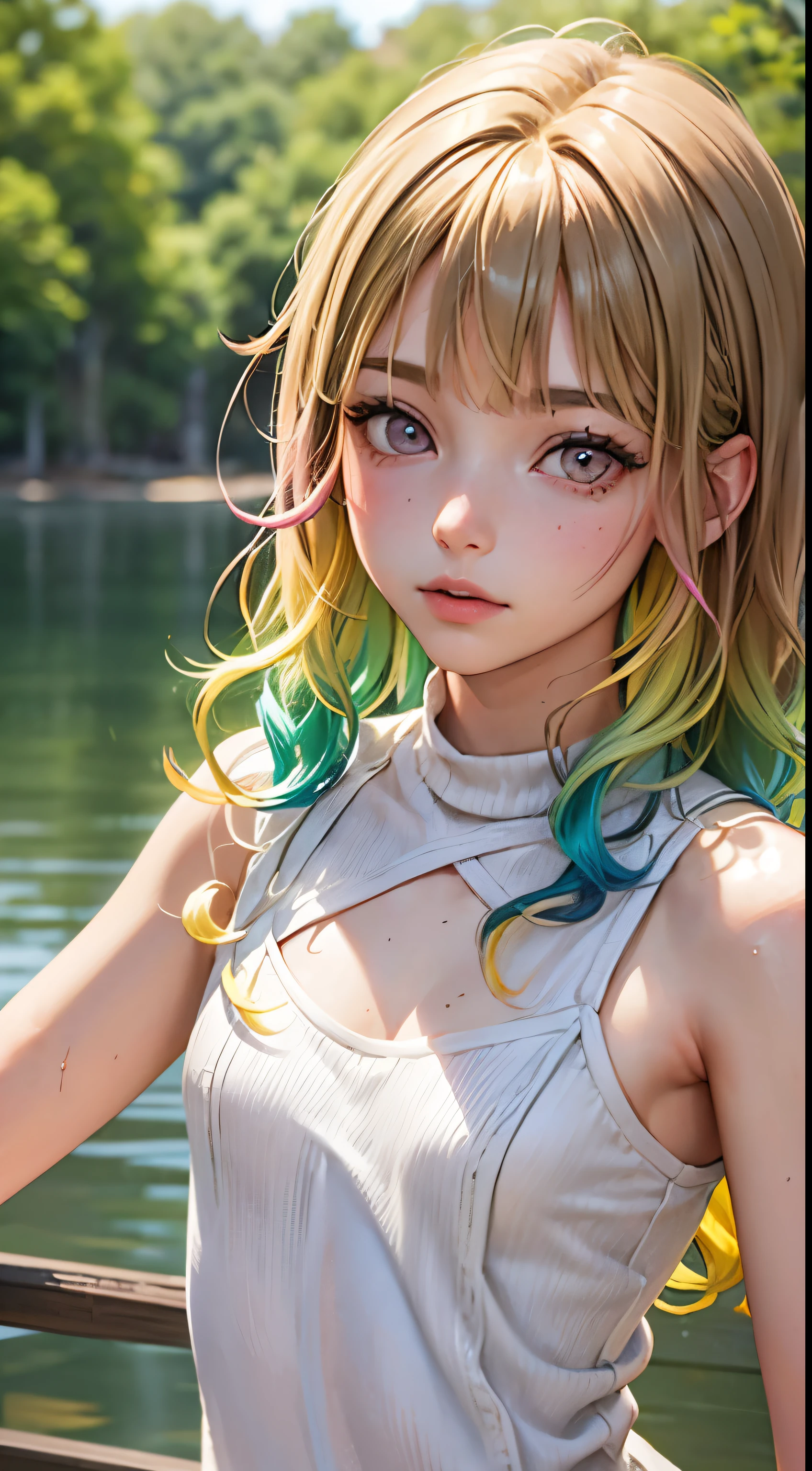 One woman, alone, alone Focus, Cowboy Shot, Portraiture,, Beaver,Half water color, Half Green, ((Brown Hair)), (Yellow Hair), (Gradient Hair :1.5), Curly Hair, ((Pink Eyes)), Ultra-detailed eyes, work, White knit, (Small TI quality, Very detailed,Full Shot