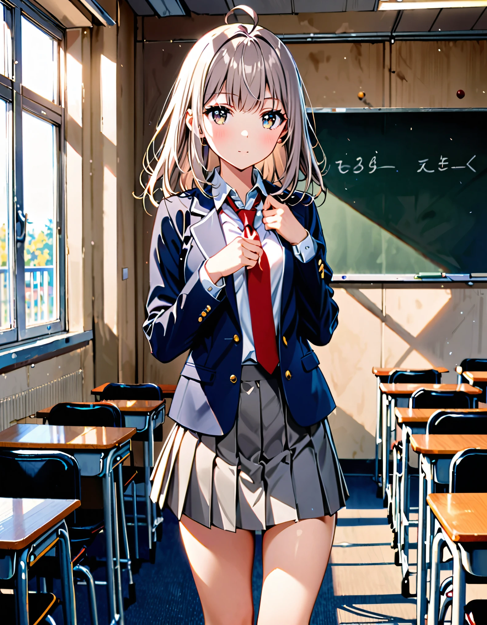 1girl, tall body, high school student, suit, dark blue suit jacket, white shirt, (red ribbon necktie), grey pleated skirt, miniskirt, bare legs, white socks, brown shoes, light grey hair, hazel eyes, med-back-length hair, bangs, ahoge, beautiful detailed eyes, beautiful detailed face, cute face, medium breasts, perfect hands, complete fingers, perfect anatomy, perfect proportions, age 18, solo, solo focus, standing, classroom backdrop, warm lighting