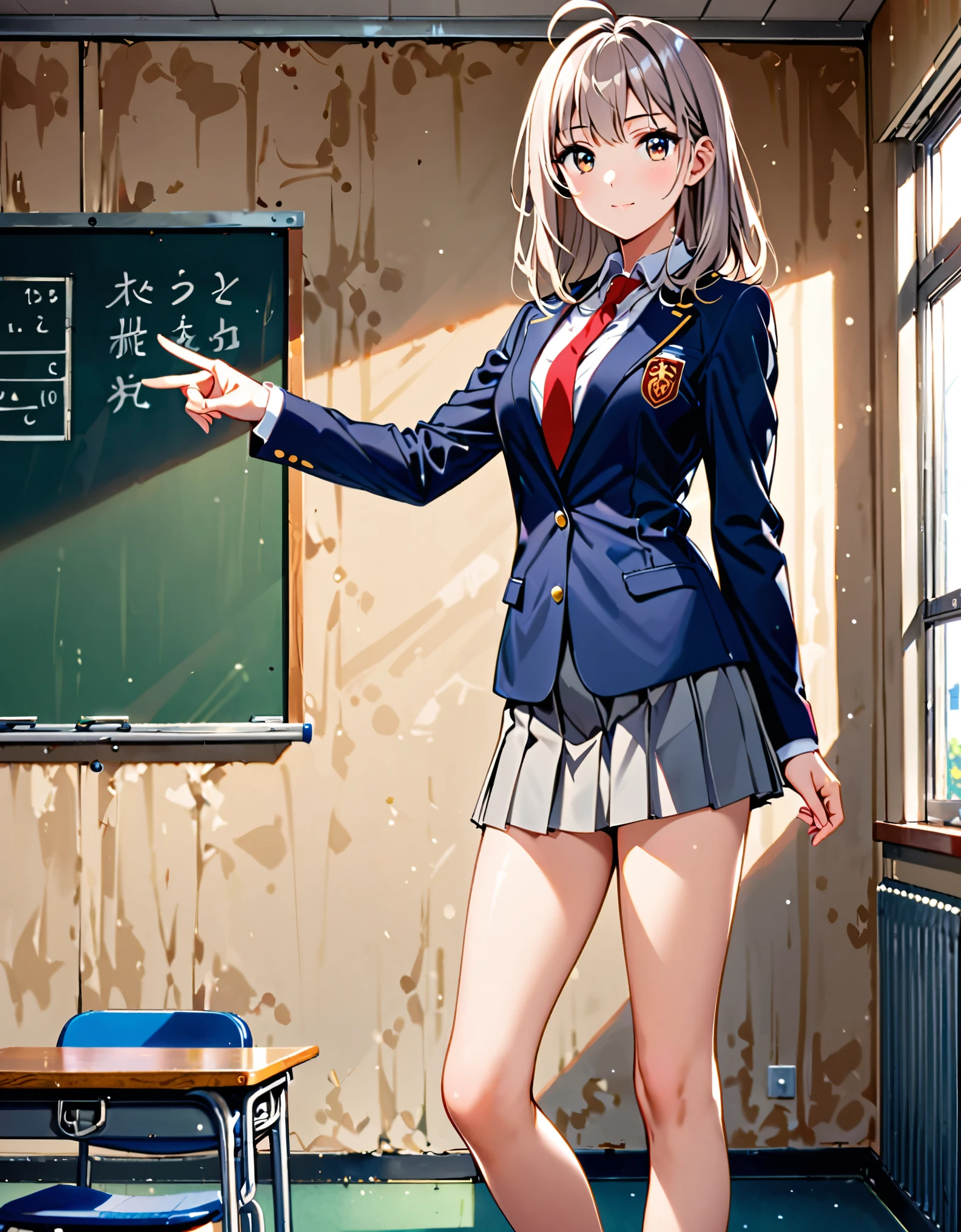 1girl, tall body, high school student, suit, dark blue suit jacket, white shirt, (red ribbon necktie), grey pleated skirt, miniskirt, bare legs, white socks, brown shoes, light grey hair, hazel eyes, med-back-length hair, bangs, ahoge, beautiful detailed eyes, beautiful detailed face, cute face, medium breasts, perfect hands, complete fingers, perfect anatomy, perfect proportions, age 18, solo, solo focus, standing, classroom backdrop, warm lighting