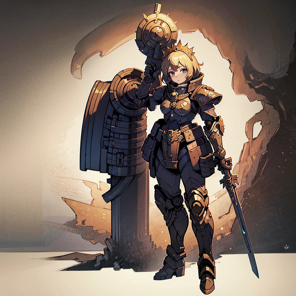 ((Masterpiece, masterpiece, best quality, ultra-detailed, anime style, solo, plain background:1.2)) full body of space marine girl, ultra blue power armor, blonde hair and laurel crown, held sword, standing on battle ground, Warhammer 40K, 8k high resolution, trending art station, white background, whole body