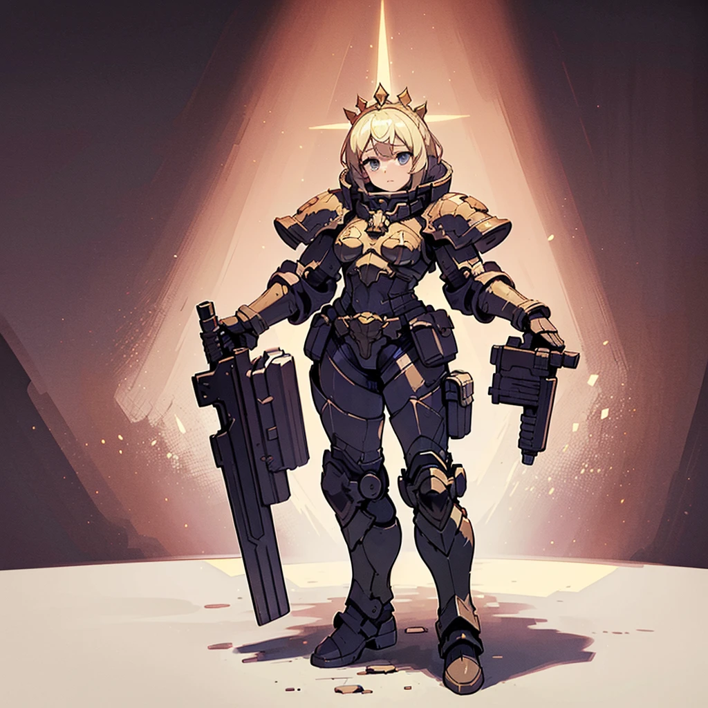 ((Masterpiece, masterpiece, best quality, ultra-detailed, anime style, solo, plain background:1.2)) full body of space marine girl, ultra blue power armor, blonde hair and laurel crown, held sword, standing on battle ground, Warhammer 40K, 8k high resolution, trending art station, white background, whole body