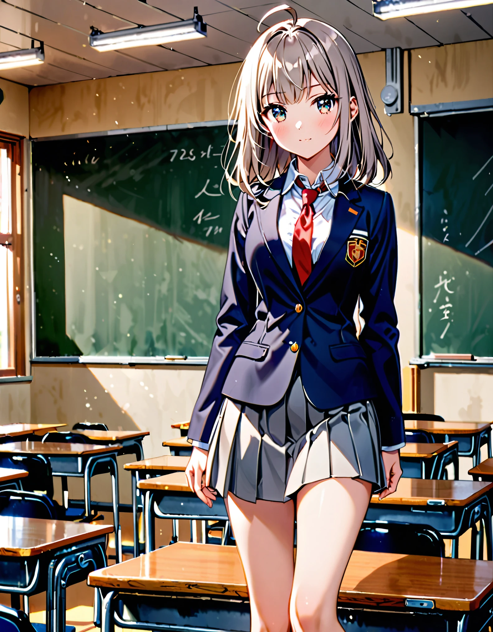 1girl, tall body, high school student, suit, dark blue suit jacket, white shirt, (red ribbon necktie), grey pleated skirt, miniskirt, bare legs, white socks, brown shoes, light grey hair, hazel eyes, med-back-length hair, bangs, ahoge, beautiful detailed eyes, beautiful detailed face, cute face, medium breasts, perfect hands, complete fingers, perfect ???????, perfect proportions, age 18, solo, solo focus, standing, classroom backdrop, warm lighting
