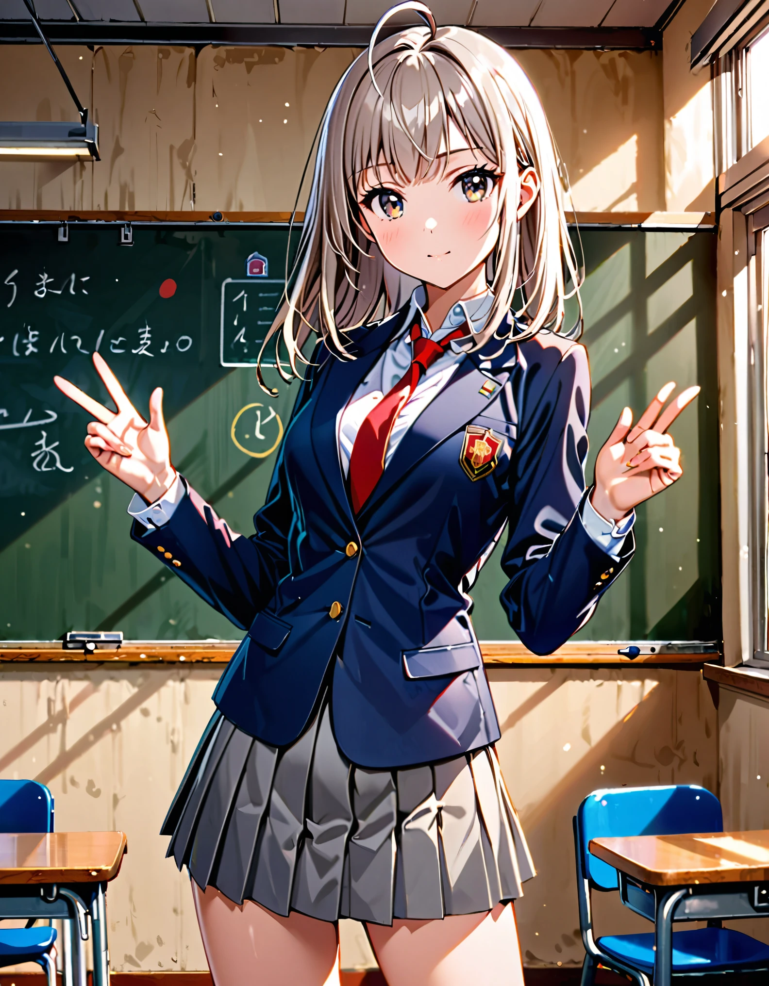 1girl, tall body, high school student, suit, dark blue suit jacket, white shirt, (red ribbon necktie), grey pleated skirt, miniskirt, bare legs, white socks, brown shoes, light grey hair, hazel eyes, med-back-length hair, bangs, ahoge, beautiful detailed eyes, beautiful detailed face, cute face, medium breasts, perfect hands, complete fingers, perfect anatomy, perfect proportions, age 18, solo, solo focus, standing, classroom backdrop, warm lighting